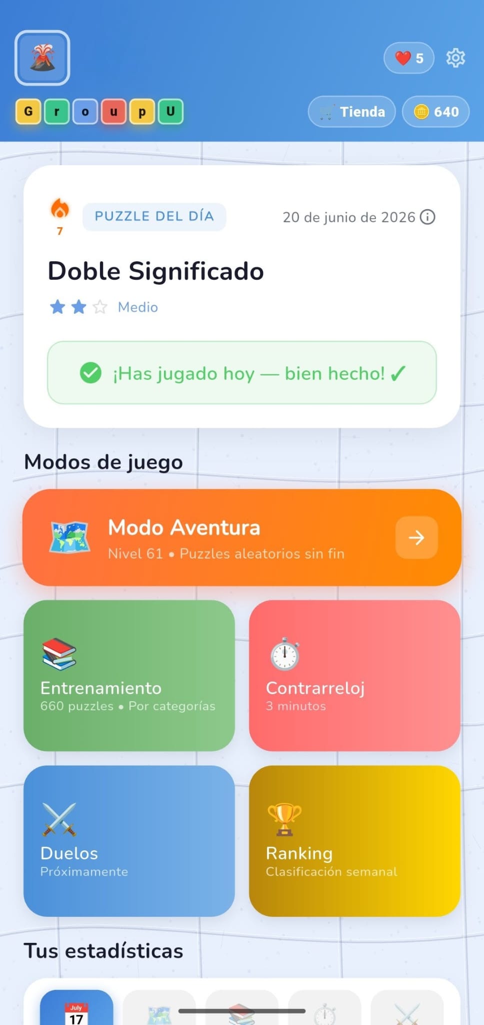 Pantalla principal de GroupU con todos los modos de juego